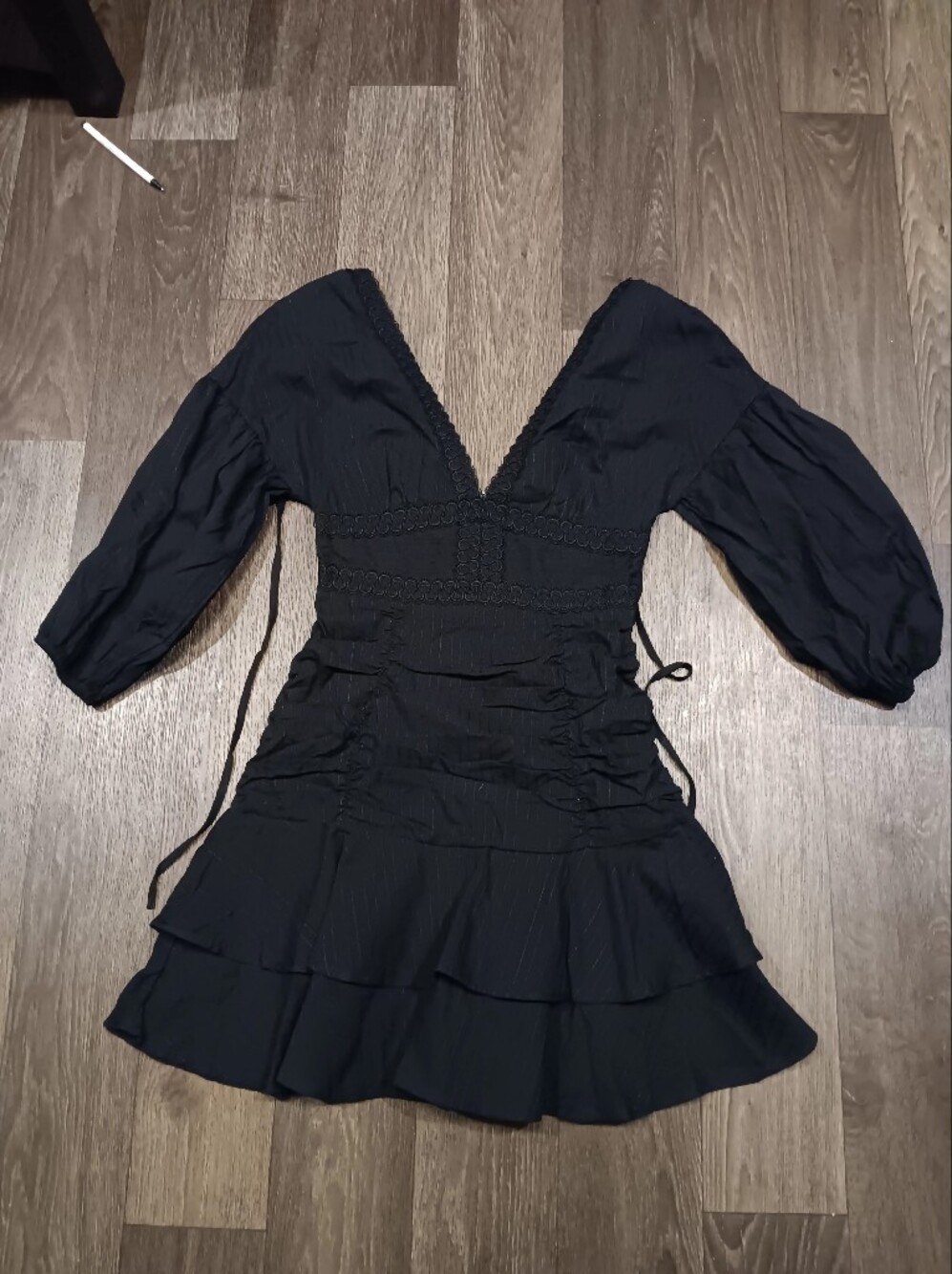 Fanco Deep V Black Ruffled Mini Dress with Balloon Sleeves Sz New
